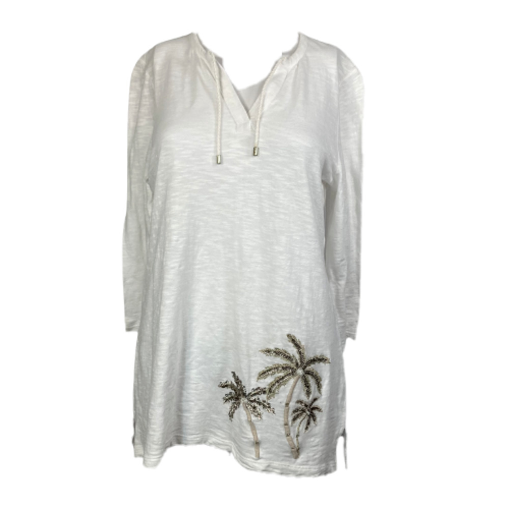 Weekends By Chico's Shirt Womens Sz 0 US 2 White V-Neck Drawstring Palm Tree